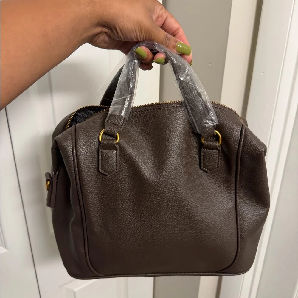 Brown Leather Handbag with Gold Accents